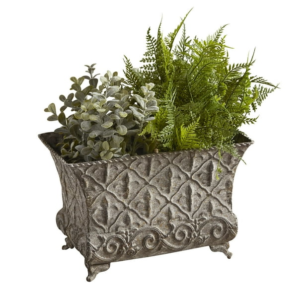 12" Antique Gray Unique Vintage Rectangular Small Metal Flower Pot