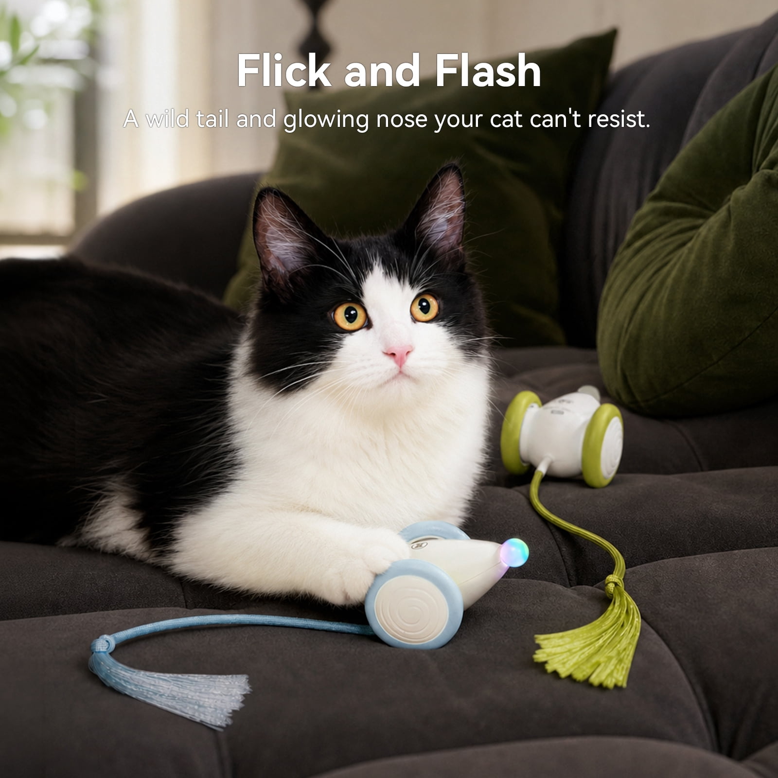 Cheerble Wicked Mouse Neo Automatic Interactive Cat Toy with Tail & LED Light, Apple Green