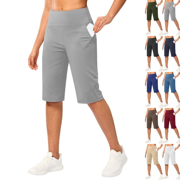 Women's Bermuda Long Shorts 14" Knee Length Capris with Pockets High Waisted Athletic Casual Shorts for Women Light Gray XXL