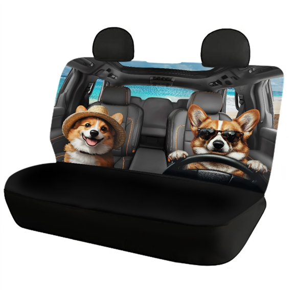 Uourmeti Vacation Themed Corgi Cartoon Pattern Car Accessories Set Lightweight Car Seat Covers Removable Anti-Slip Car Front Back Seat Covers