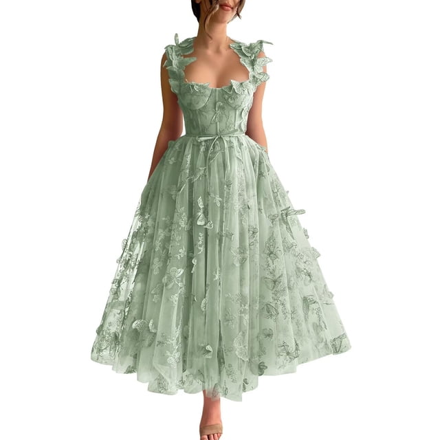 vestido de fiesta cazsxis 3d de tul con mariposas, verde salvia, línea a: vestido línea A de tul verde salvia, longitud de té hasta el tobillo, tirantes espagueti y escote corazón, corpiño con cordones en la espalda, falda abombada con apliques de mariposas 3D y bordado floral, cinturón fino anudado en la cintura, sin mangas, ideal para graduación y eventos formales.