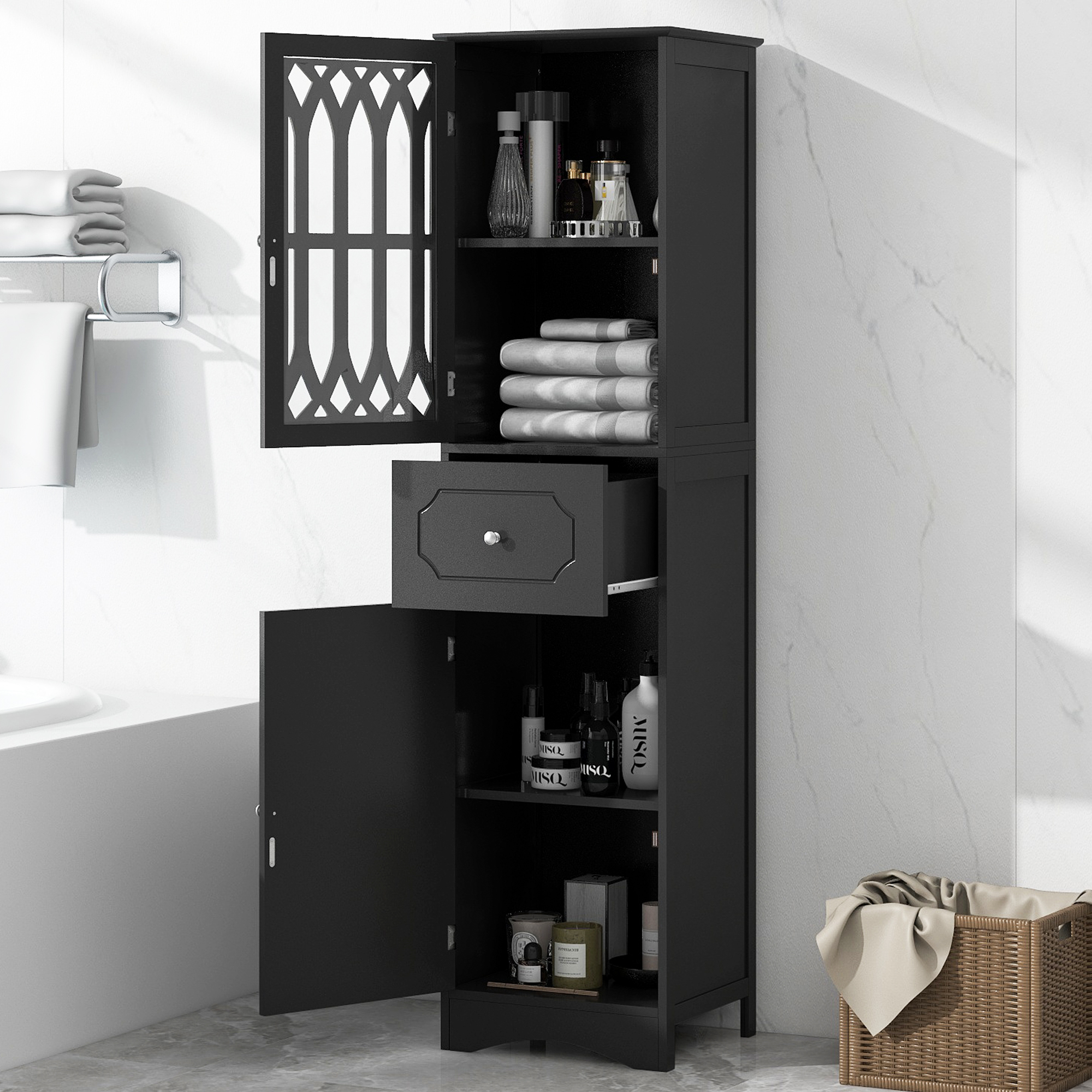 Tall Bathroom Cabinet, Freestanding Storage Cabinet with Drawer and Doors