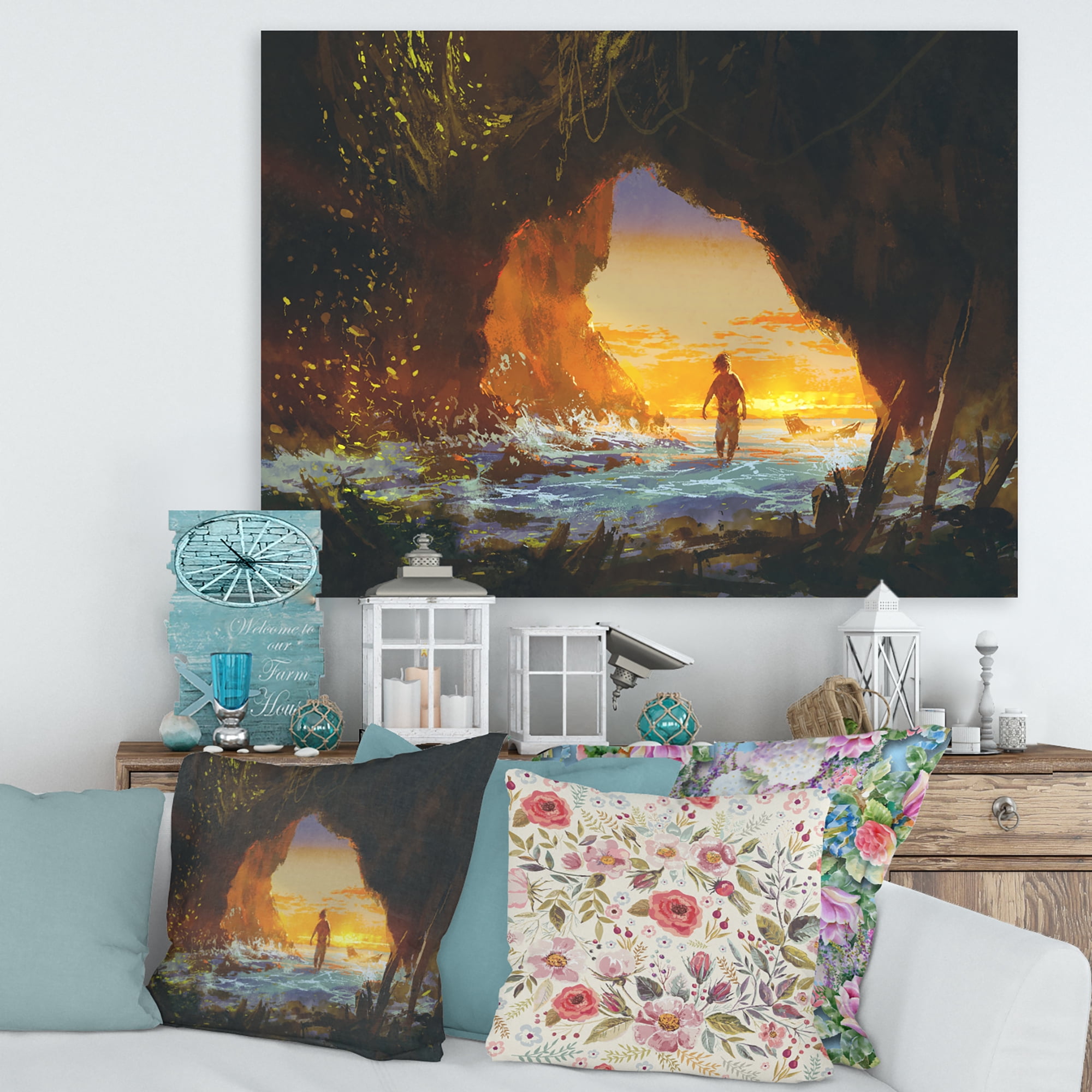 Designart ' The Sea Cave At Sunset With The Man Walking In ' Nautical & Coastal Canvas Wall Art Print