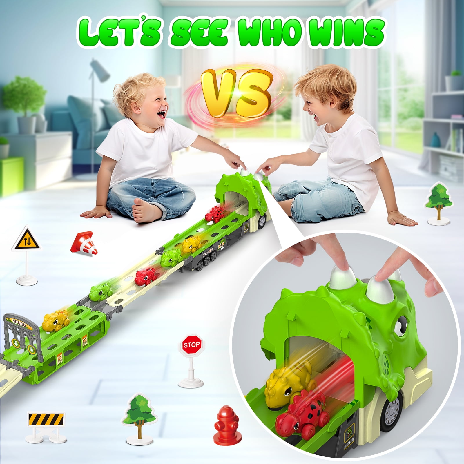Carsky Dinosaur Truck Toys for Boys 3-5, Musical Dinosaur Truck Hauler Convert into Ejection Race Track, Truck Toy Car for Kids, Best Birthday Christmas Gift for Baby & Toddler Toys