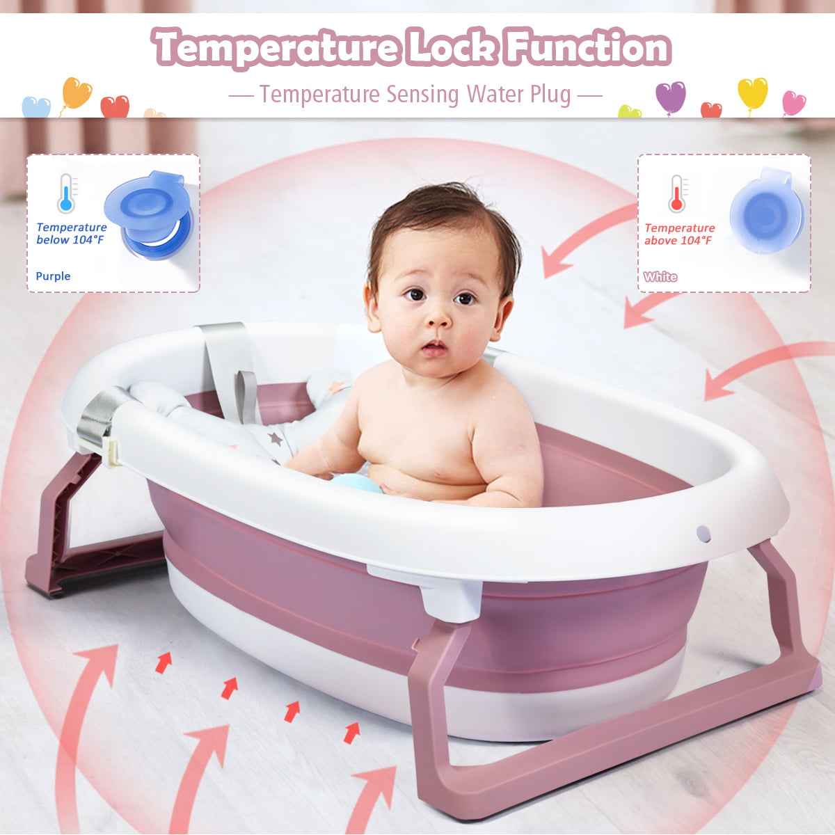 Collapsible Baby Bath Tub with Non-Slip Mat/Foldable Bathing Tub/Portable Shower Basin for Baby Pink Infant Newborn 