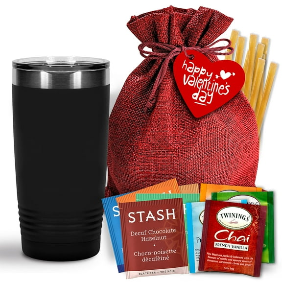 Bellina Tea Gift Baskets for Women and Men - Valentines Day - Insulated Tumbler, 20 Premium Teas, 10 Honey Straws, Gift Tag & Bag