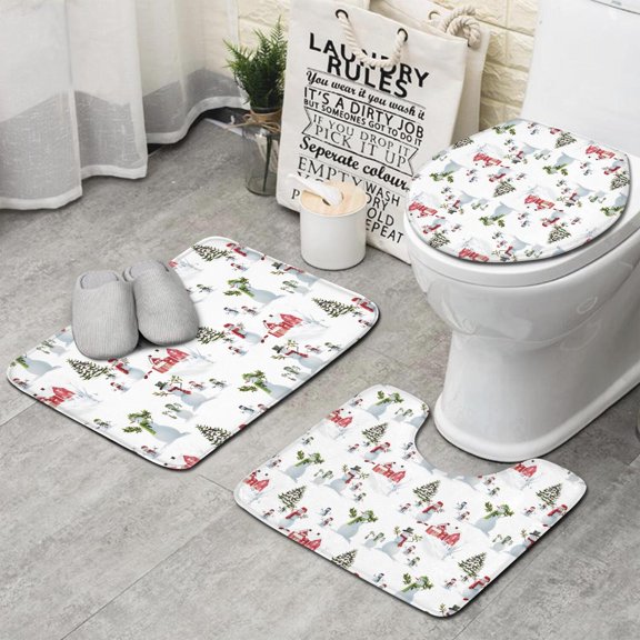 White Christmas Snowman Pattern Bathroom Rugs Sets 3 Piece,Toilet Cover Set,Absorbent Non Slip Bathroom Mats Sets with U-Shaped Contour Rug Toilet Rug Set