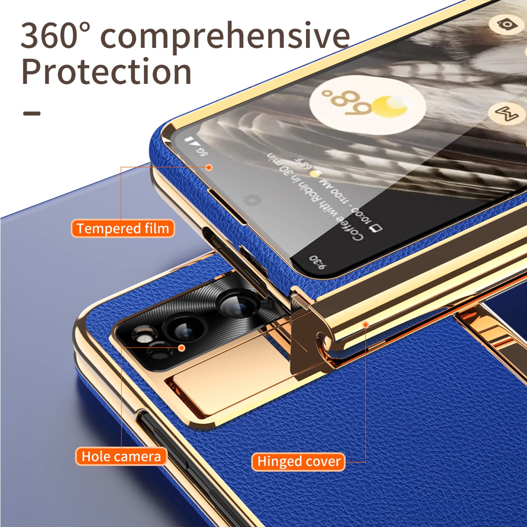 Dteck for Google Pixel Fold Case with Built-in Tempered Glass Screen Protector, Full Body Hinge Protection Shockproof Case with Pen Slot for Pixel Fold, Deep Blue