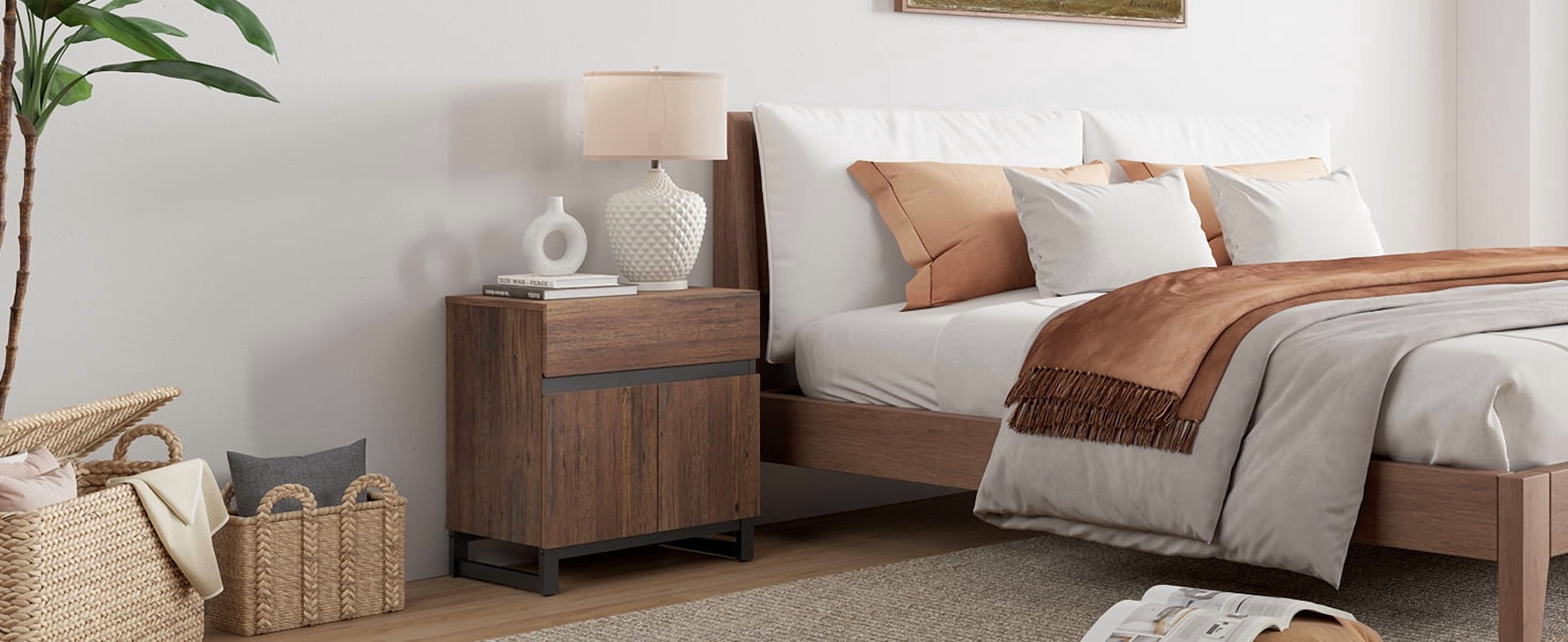 WAMPAT Nightstand with 1 Drawer & 1 Storage Cabinet, Modern Bedside Table with 2 Open Door for Bedroom, Wood Rustic Side End Table for Living Room, Brown