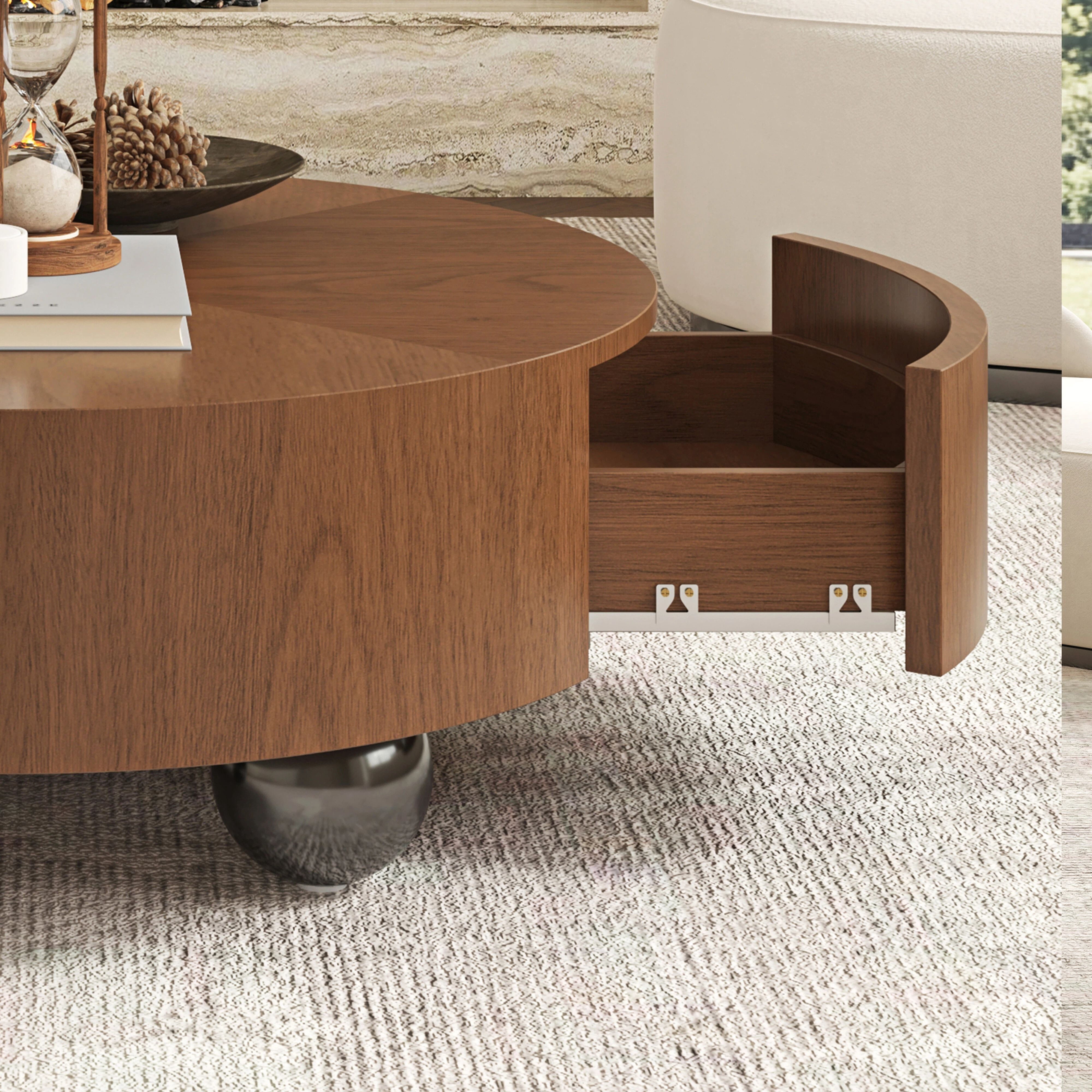 Euroco 35.43" Round Coffee Table with Storage Drawer, Mid-Century Modern Center Table with Sphere Base Legs for Living Room,Walnut
