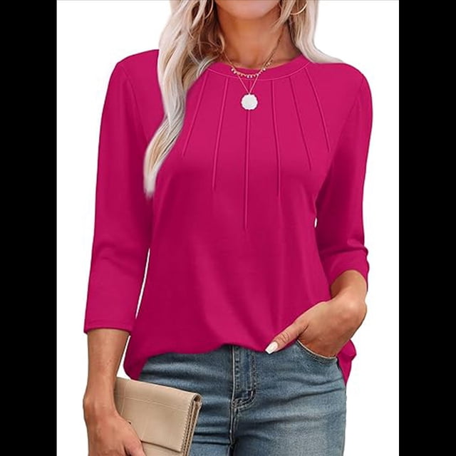 Blusas de Mujer con Mangas 3/4, Cuello Redondo, Túnicas Casuales, Camisas Plisadas Básicas, Corte Holgado, 2025 Rosa Roja L