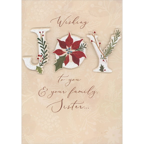 Designer Greetings Glitter Tip-On 3D JOY Letters, Poinsettia and Gems Hand Decorated Christmas Card for Sister and Family
