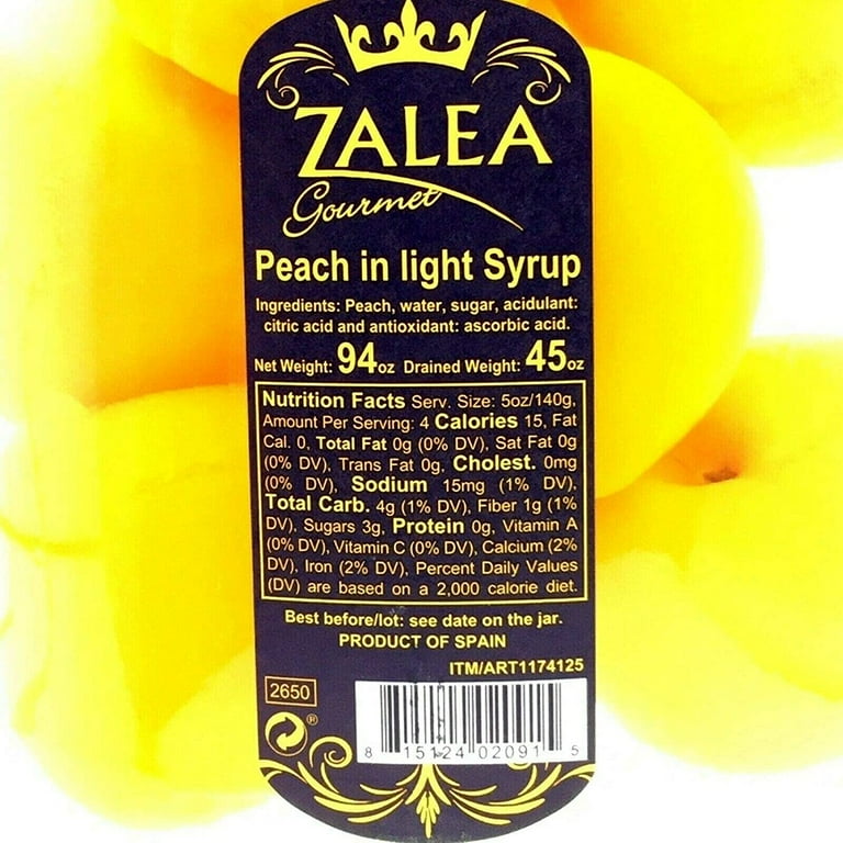 Zalea Peach in Light Syrup, 94oz Jar, Product of Spain, Ideal for
