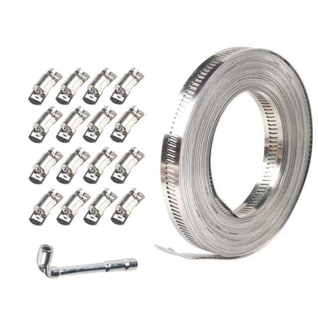 Abrazadera de manguera Clip ajustable de acero inoxidable 304, flejes de abrazadera de metal para mecánica, plomería, manguera de engranaje helicoidal 10m con 16 sujetadores