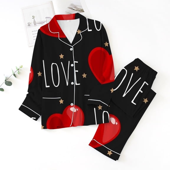Hpapadks Soft Pajama Set for Women Homewear Spring Fall Love Printed Long Sleeved Button Down Shirts Pants Set Women Pjs Sets Black L