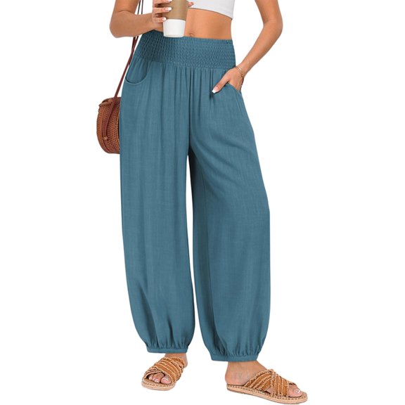 Women Cotton Palazzo Pants Summer Boho Wide Leg High Waist Casual Lounge Pant Vacation Outfits Green S