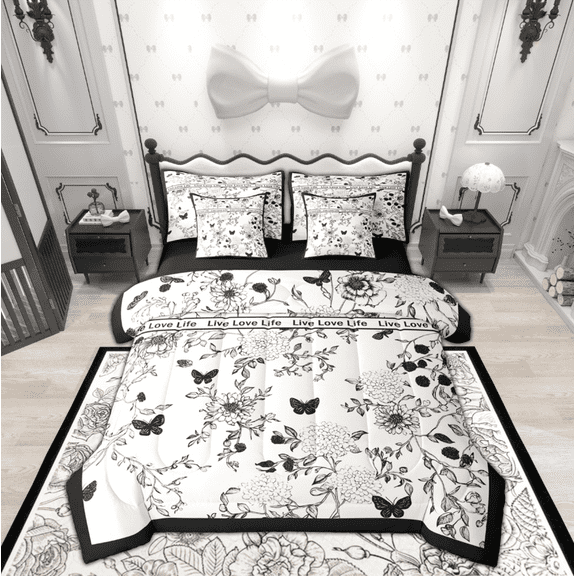 Manfei Grey Flower Floral Twin Bedding Sets 7-Piece for Girls, Cartoon Butterfly Bedding Comforter Set, Retro Western Theme Reversible Sheet Sets, Ultra Soft Home Decor