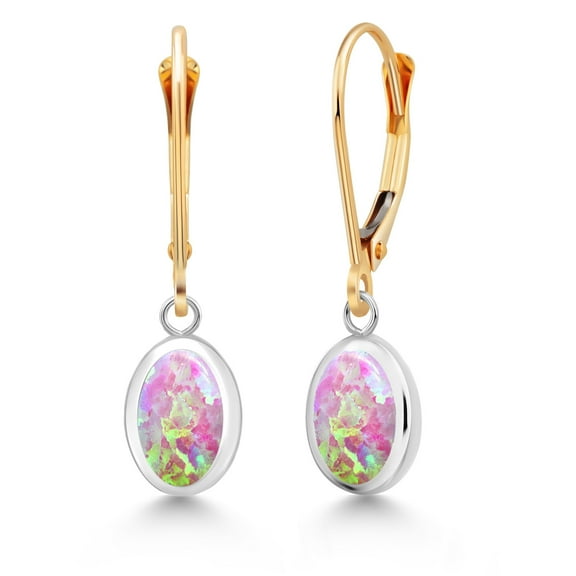 Gem Stone King 925 Sterling Silver and 14K Yellow Gold Pink Simulated Opal Drop Dangle Leverback Earrings for Women (2.10 Cttw, Gemstone Birthstone, Oval Cabochon 8X6MM)