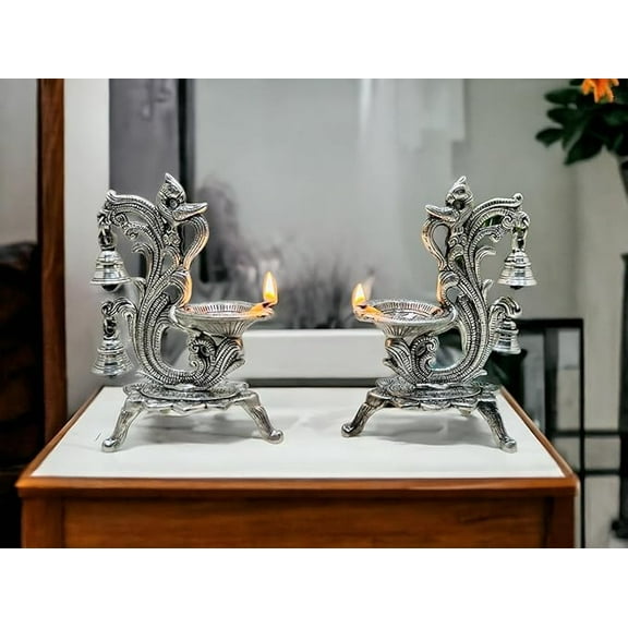  Metal Diya for Puja | Brass Oil Diwali Lamp in Peacock Design Perfect Gift Item | Antique Decorative Akhand Diya Home Decor Temple