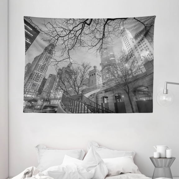 Black and White Decorations Tapestry, Chicago Downtown Night Highrise Buildings Tree Branches, Wall Hanging for Bedroom Living Room Dorm Decor, 80W X 60L Inches, Grey Black White, by Ambesonne