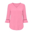 thumbnail image 2 of Bosfbaoi 3/4 Bell Sleeve Tops for Women Solid V Neck Hollow Trim Casual Blouses, 2 of 7