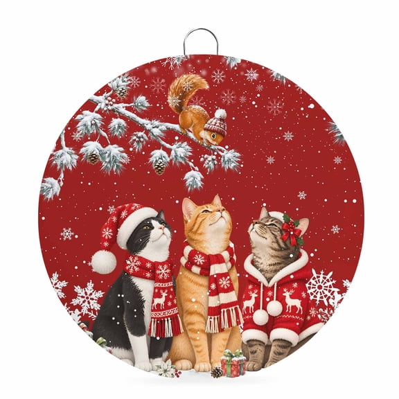 Trio Cat Welcome Sign for Front Door 8 in Square Winter Christmas Pine Branch Red Background Round Metal Sign Wall Hanging Sign for Indoor Outdoor Farm Home Porch Wall Decor Winter Gift