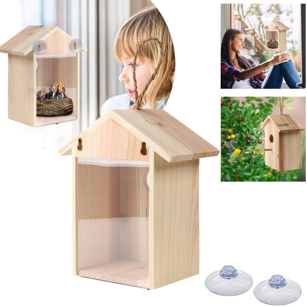 Hanging Birdhouse Kits Spy House See Through Two Way Mirrored Bird House - Suction Cup Window Mounted Bird Nesting Box Outdoor Birdfeeders for Wild Birds, Finch, Cardinal, and Bluebird
