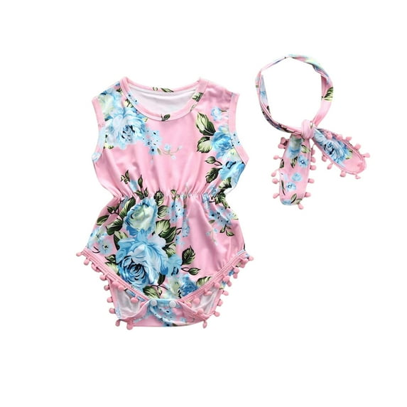 Kiapeise Baby Girls Sleeveless Print Romper + Headband
