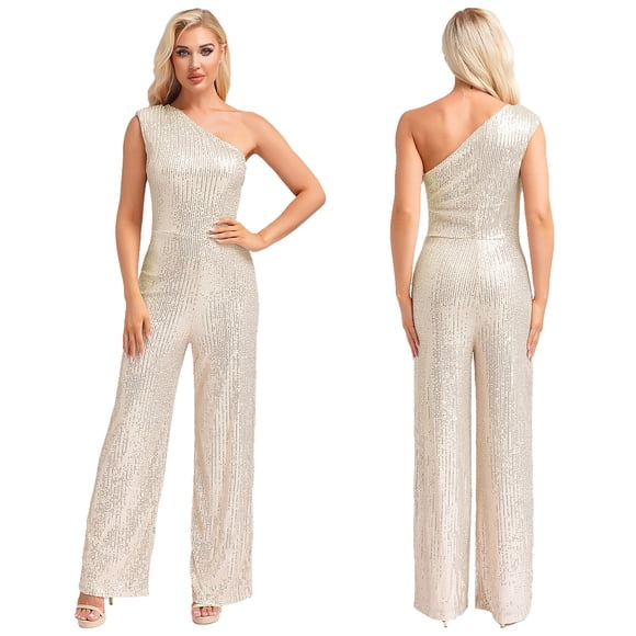 Alvivi Women Glitter High Waist Overalls One Shoulder Sequin Jumpsuit Elegant Wedding Outfits Rompers Beige S