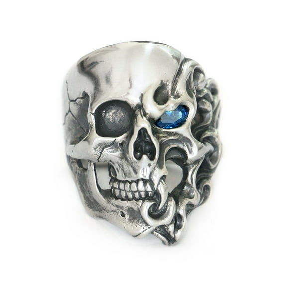Blue CZ Eyes 925 Sterling Silver Fire Skull Ring Biker Punk Jewelry TA282 US Size 10