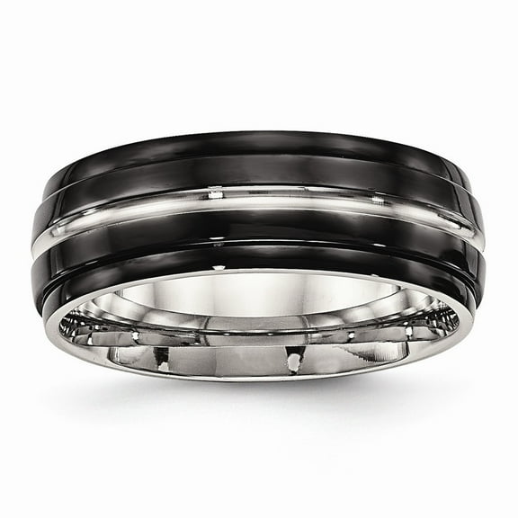 8mm Stainless Steel Polished Black Ip Ridged Edged Ring - Size 12