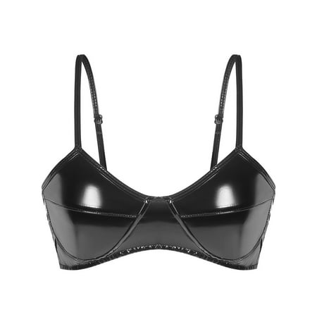 UKLSQMA Ladies  Solid Color PVC Patent Leather Sexy Bras Hot Lingerie for Women Fetish Bras Black M