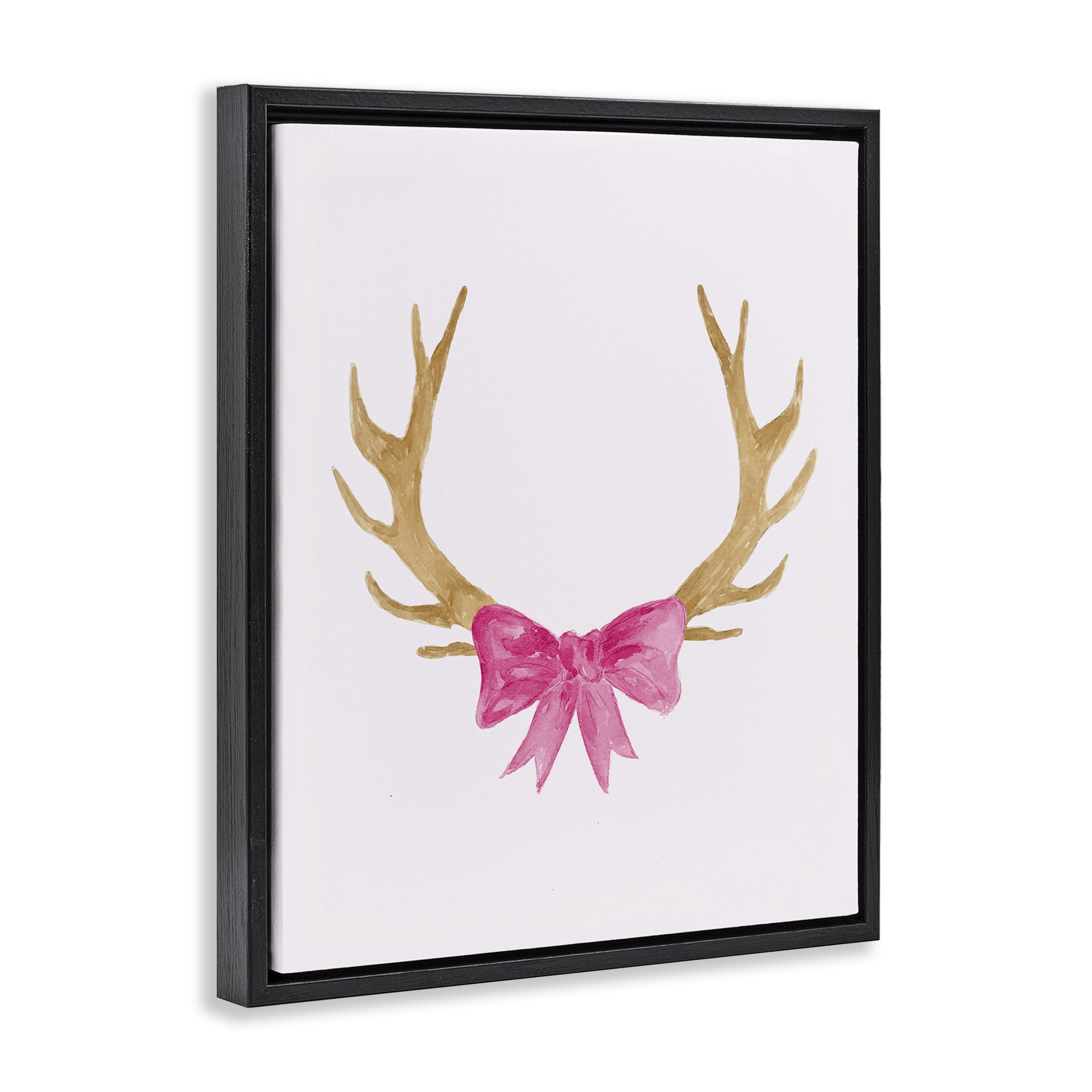 Stupell Industries Bow On Deer Antlers Animals Painting Black Floater Framed Canvas Art Print Wall Art, 25 x 31