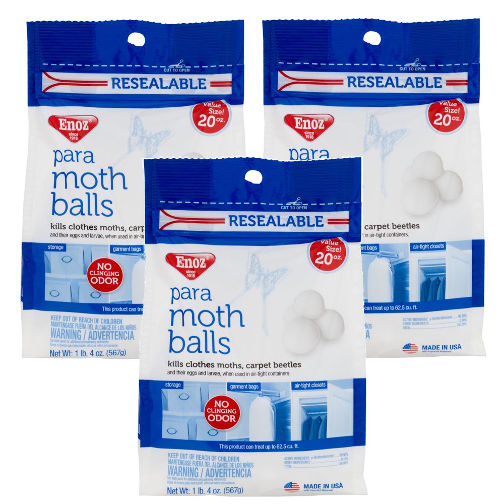 (3 Pack) Enoz Para Moth Balls Moth Killer for Clothes Moths & Carpet