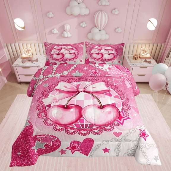 Pink Cherry Bowknot Comforter Set Twin Size,Bowknot Diamond Star Love Heart Bedding Set,Women Room Decor,Bow Tie Dots Princess Down Comforter,Romantic Chic Duvet Insert,1 Pillowcase