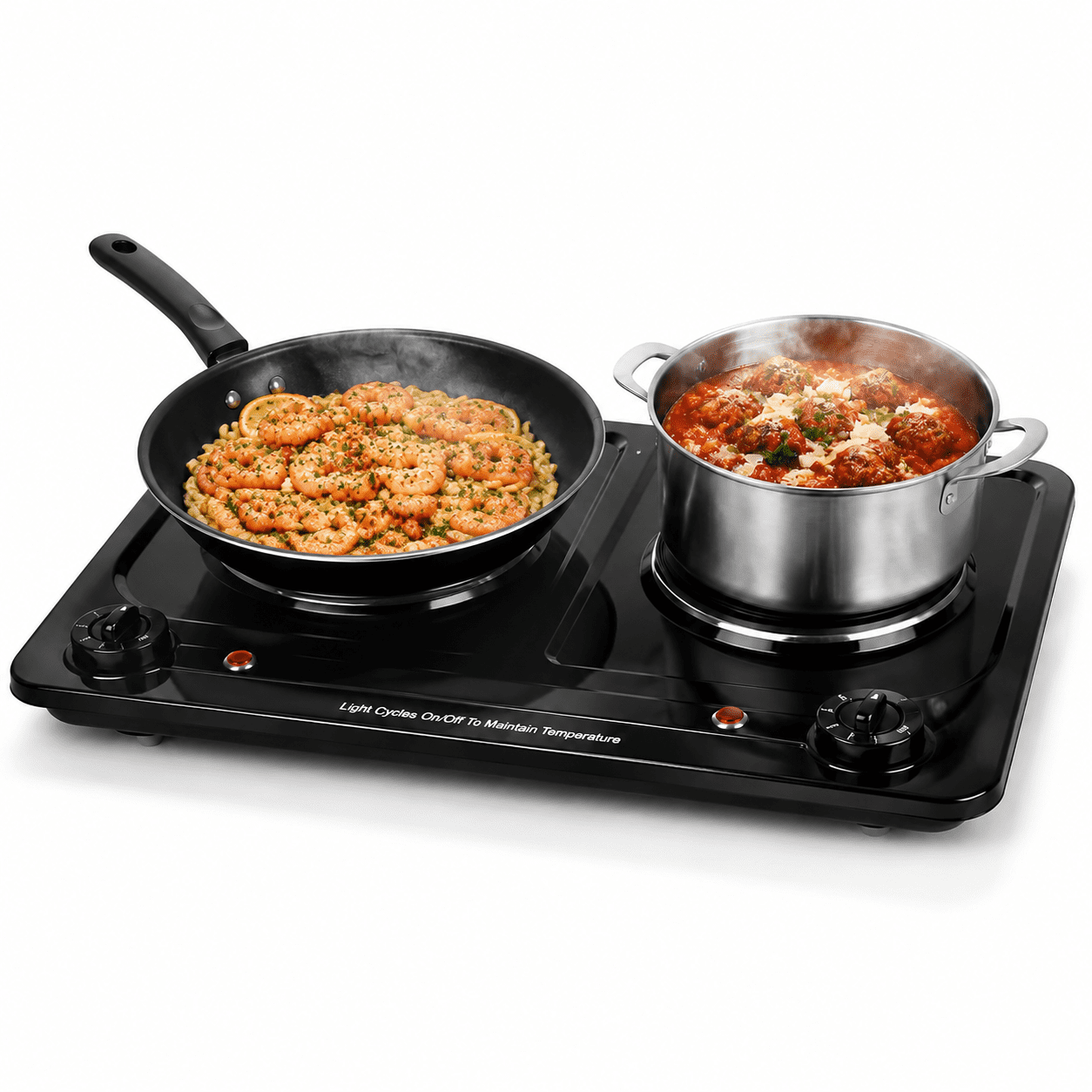 Double Electric Hot Plate, 1800W, 2 Cast Iron Burners, Black Stainless Steel, Countertop or Built-In
