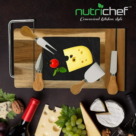 NutriChef Bamboo Cheese Serving Board Tray PKCZBD50 - Natural, Black - Natural, Black