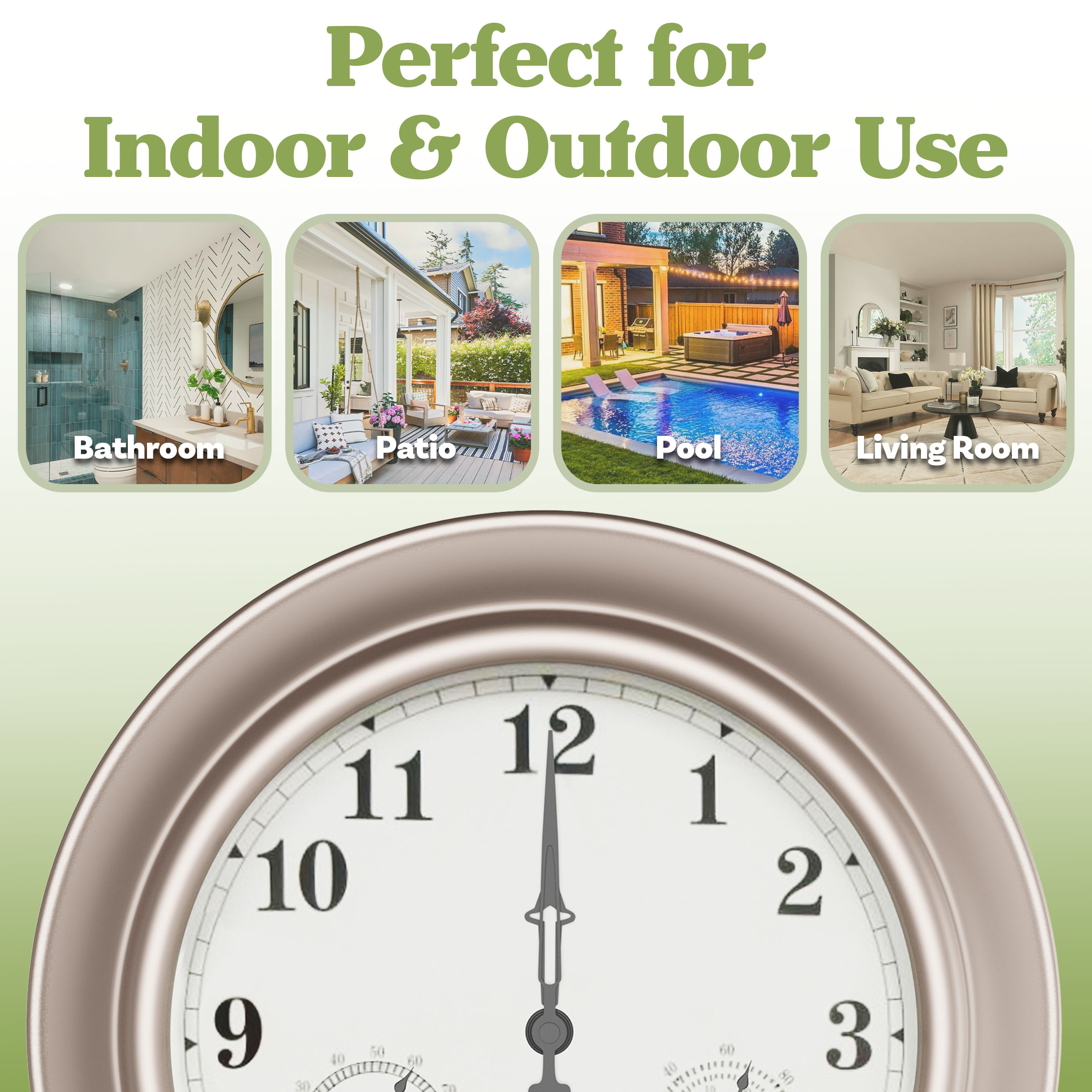 Pure Garden 18in Waterproof Indoor Outdoor Clock Thermometer Combo, Silver
