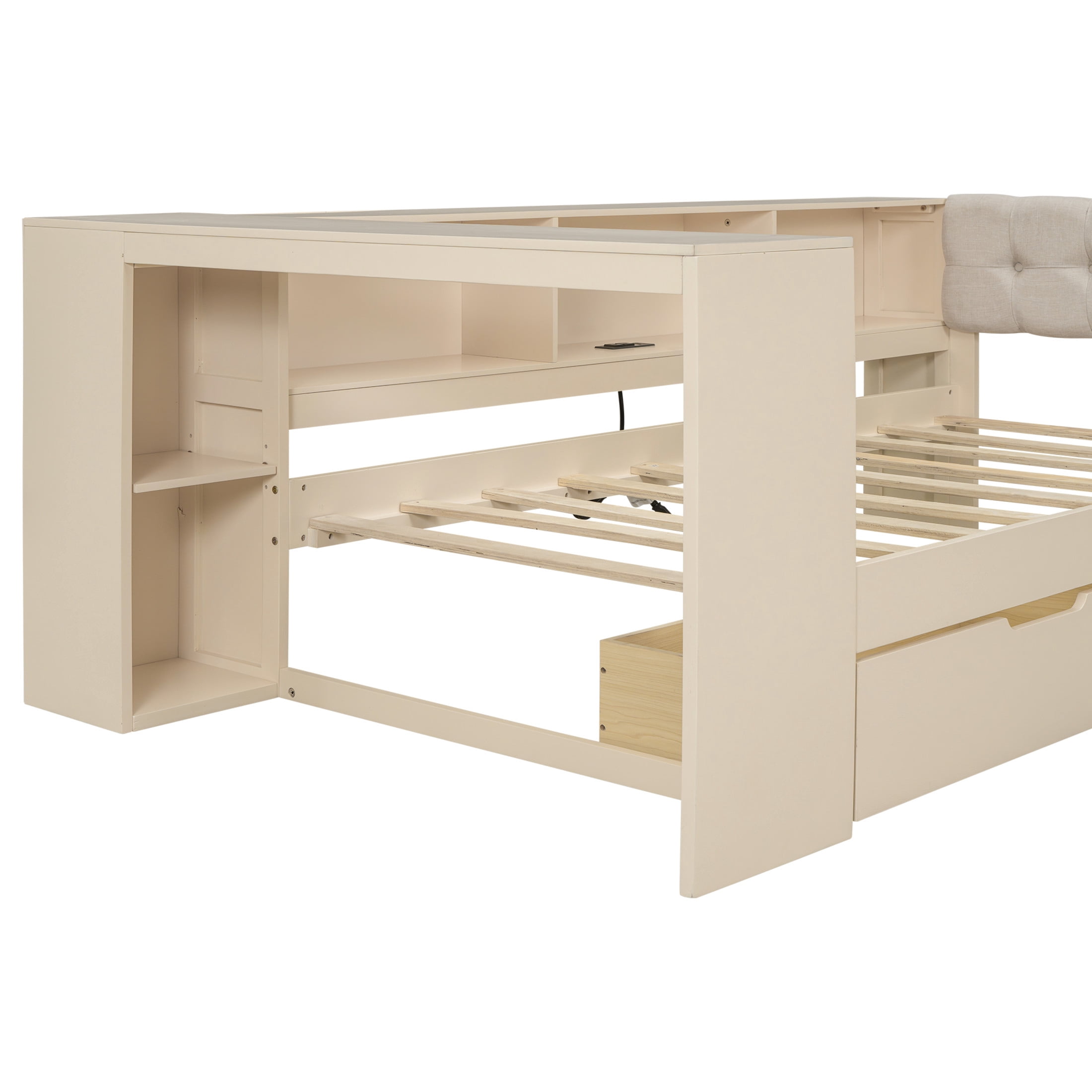 Noble House Udolf Twin Platform Bed with Upholstered Headboard, Storage Shelves and Drawers, Charging Station, Cream