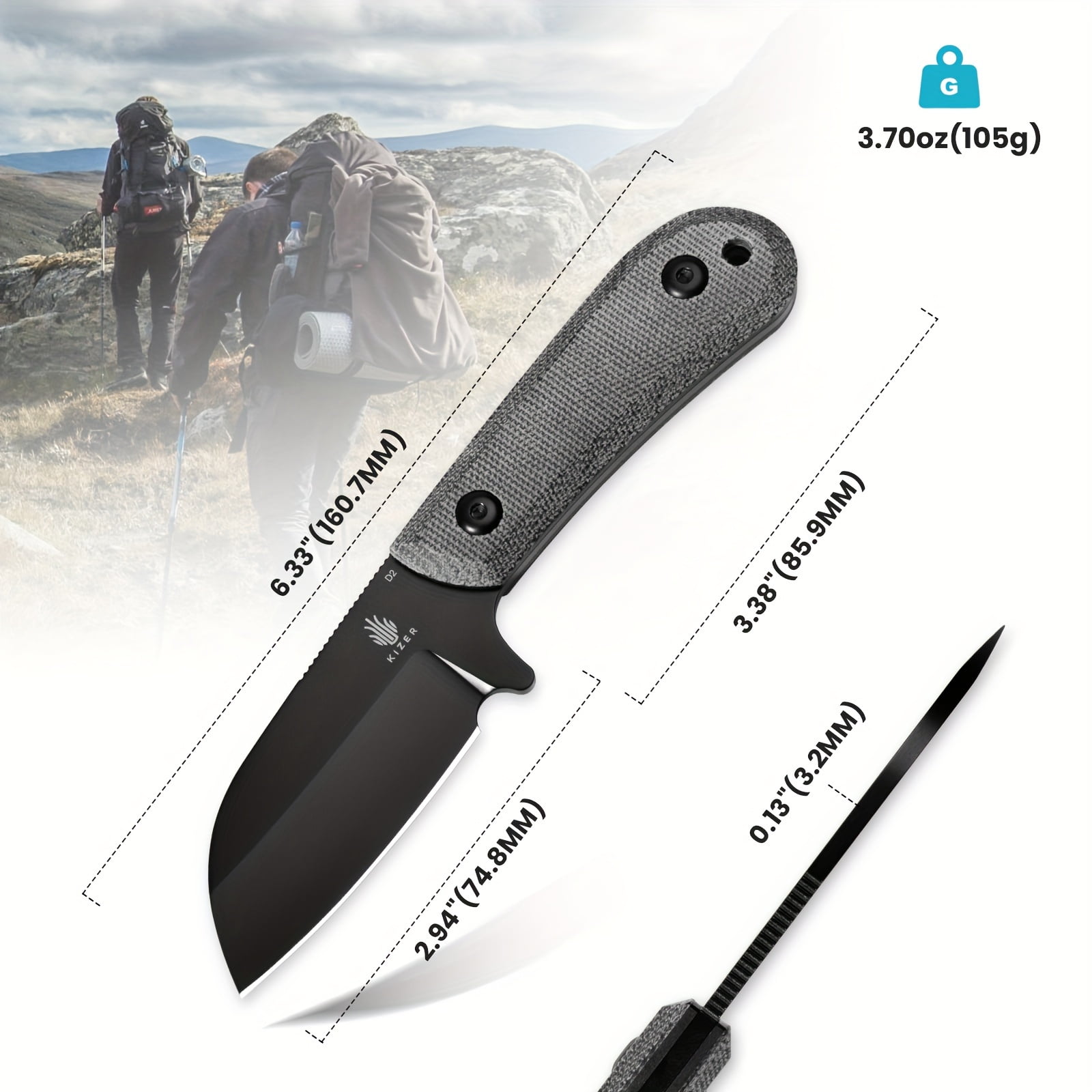 Kizer Deckhand Fixed Blade Knife , D2 Steel Micarta+G10 Handle, 1062A2