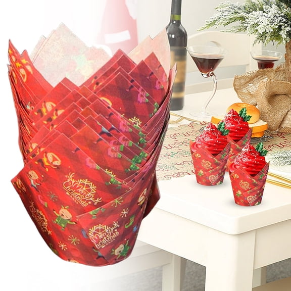 FURNIX Christmas Tulip Cupcake Liner,Grease-Proof Baking Cup,Festive Muffin Wrap,Holiday Cake Liner,Xmas Baking Supply,Tulip-Style Cake Holder,Winter Party Baking Cup,Festive Cupcake Wrapper 50Pc