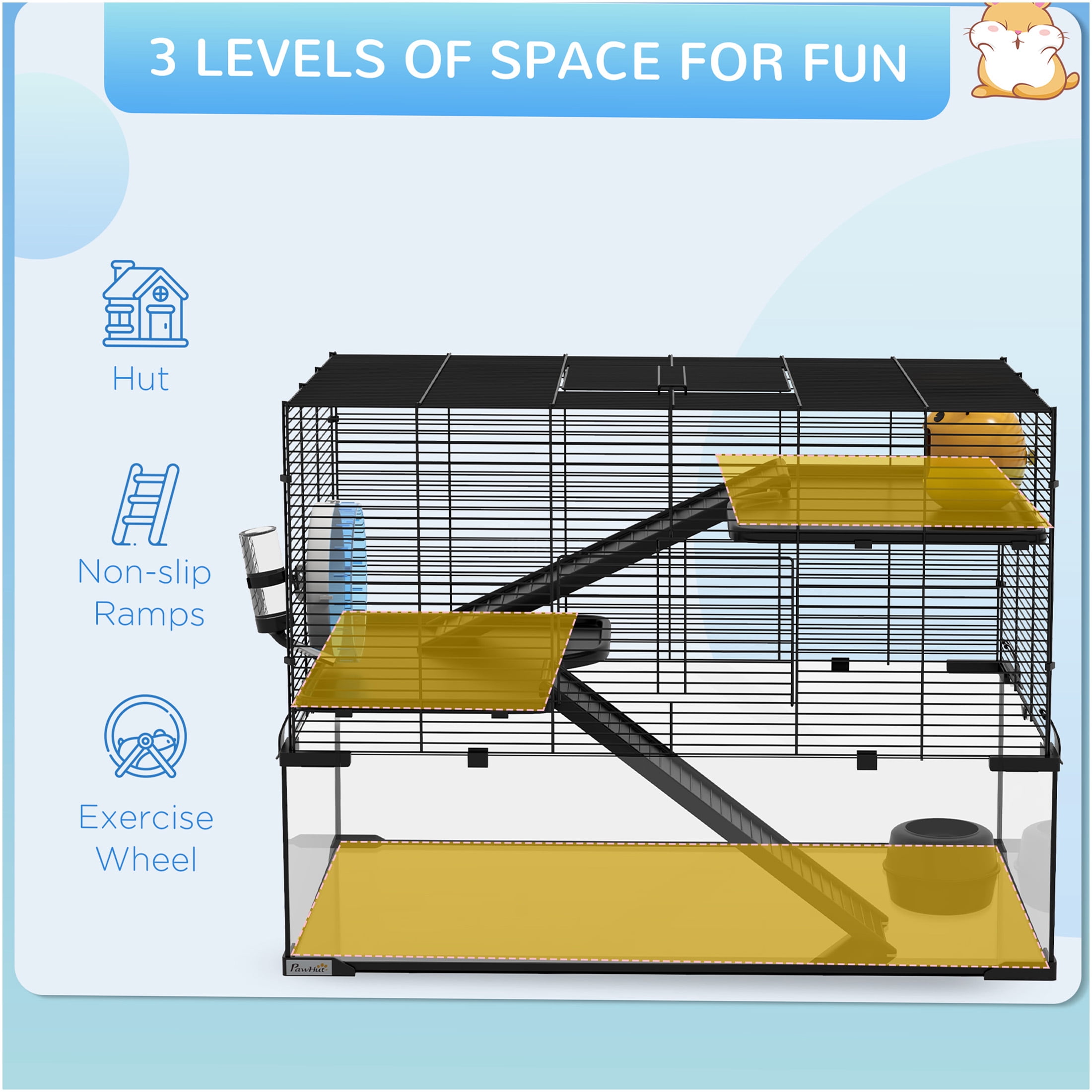 JERFIT 3-Tier Hamster Cage with Glass Base, Detachable Wheel, Water Bottle & Food Dish for Dwarf Hamsters, Gerbils, Mice - Black