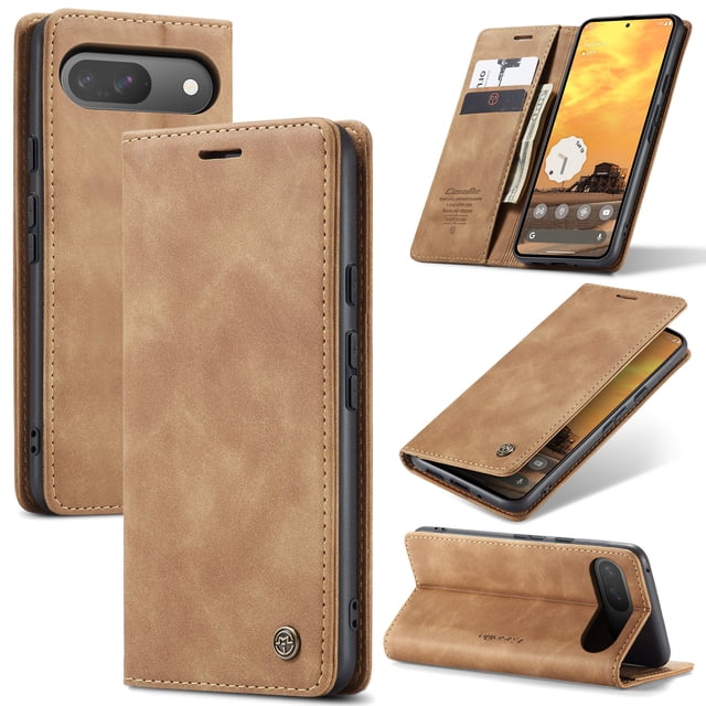 CaseMe Leather for Google Pixel 9/9 Pro Case, Flip Wallet Leather Case with Card Holder Magnetic Closure Shockproof Kickstand Protective Phone Cases Cover for Google Pixel 9/9 Pro,Brown