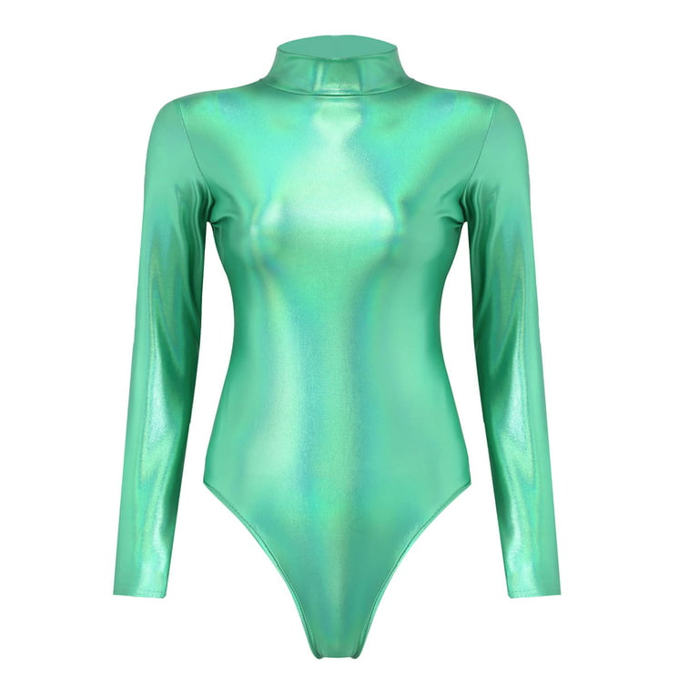 Wozhidaoke bodysuit Yoga Jumpsuits Shiny Metallic Leather Neck Long Sleeve  Leotard Bodysuit shapewear bodysuit