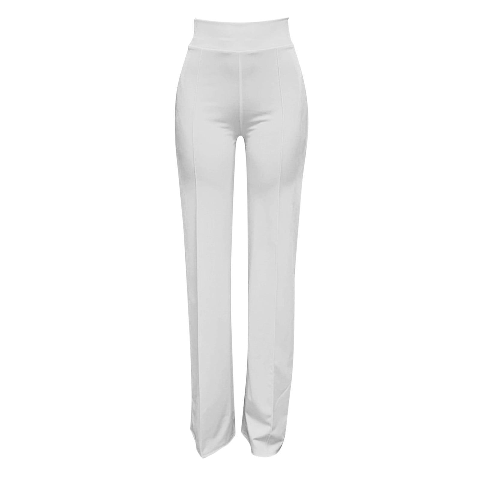 MRULIC pants for women Women Stretchy Straight Leg Pants Comfy Solid  Classic High Waisted Wide Leg Long Bootcut Pant Slacks Work Office women's  pants White + US 6 