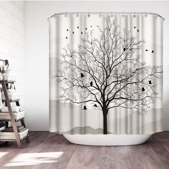 Tree Shower Curtain Tree and Bird Silhouette Waterproof Bathroom Fabric Shower Curtains 72"x 72" Retro Design Bathroom Decor with Hooks