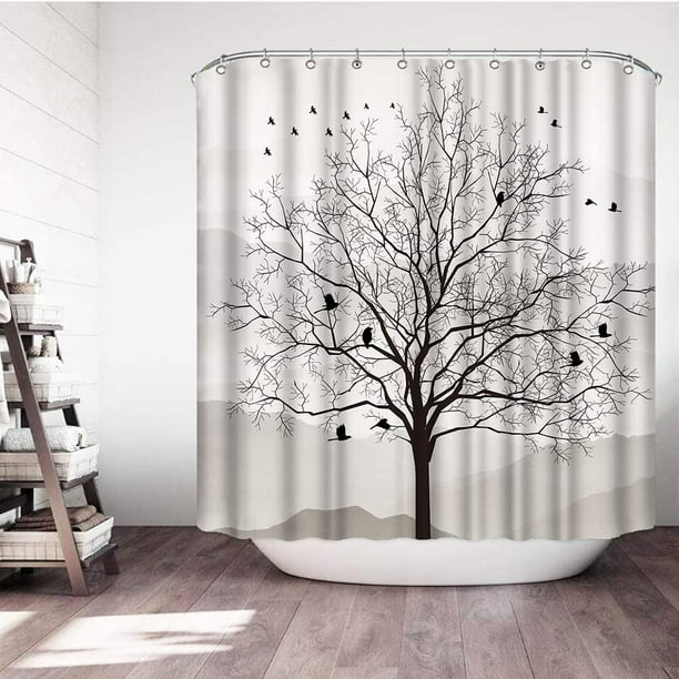 Tree Shower Curtain Tree and Bird Silhouette Waterproof Bathroom Fabric ...