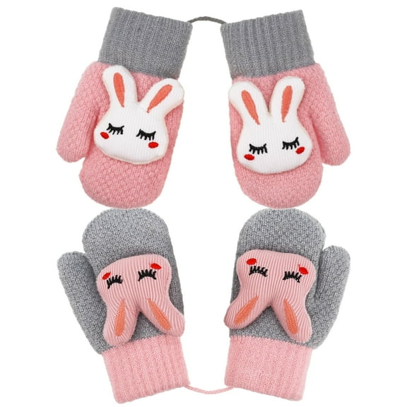 Bocaoying 2 Pairs Kids Mittens on String for Toddler, Knitted Glove Plush Lining Rabbit Gloves for 1-3 Years Old, Winter Lining Infant Gloves Warm Thermal Gloves, Pink/Grey, One Size