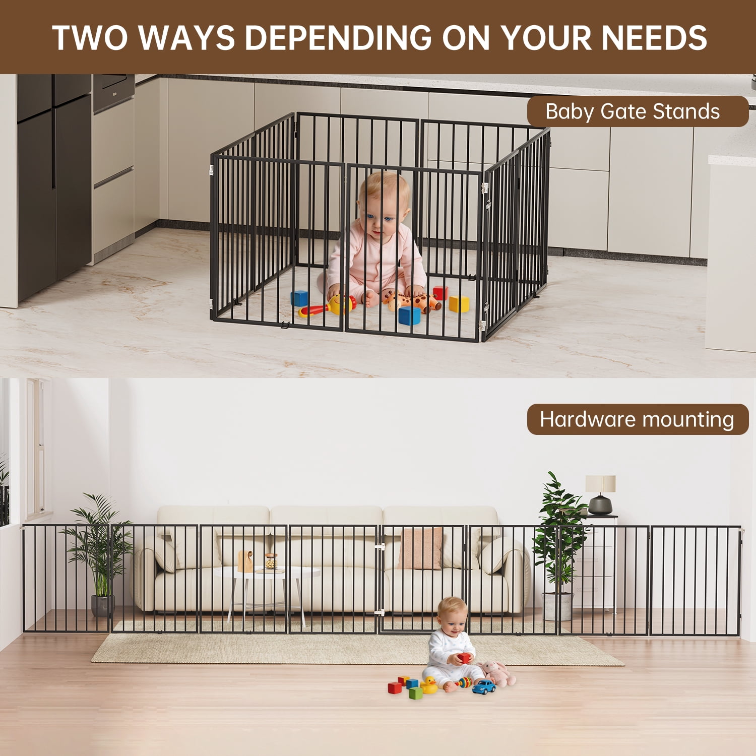 Dog Gate 190 Inch Extra-Wide Configurable Gate, Fireplace Safety Fence/Guard, Adjustable Freestanding Pet Gate, Metal Dog Playpen with Double Locking System, Includes Wall Mounts, 8 Panels
