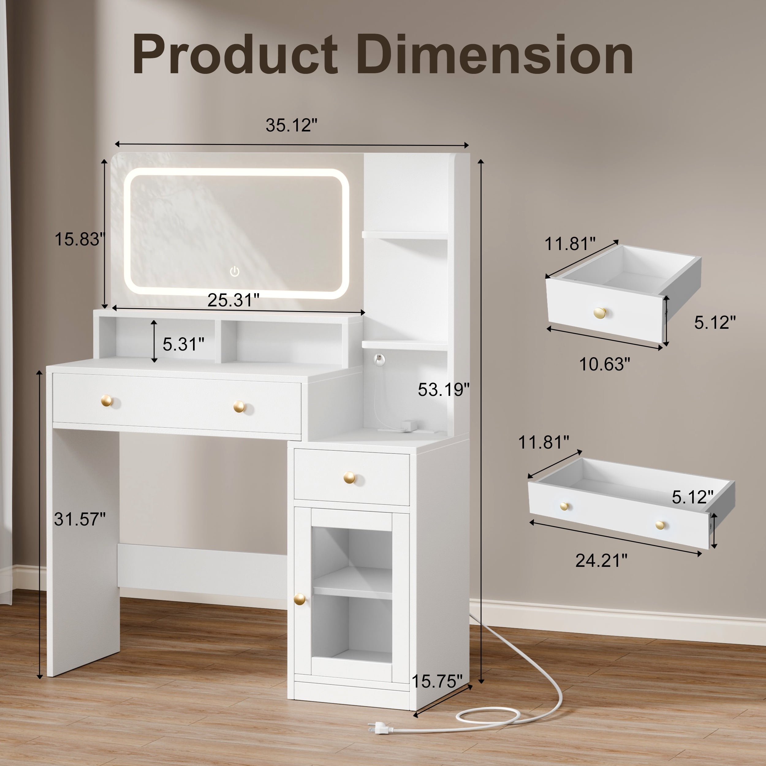 Satifur White Makeup Vanity with LED Mirror, 3 Color Lights, 2 AC + USB + Type-C, 3 Shelves, 2 Drawers & Acrylic Cabinet – Modern Vanity Desk for Bedroom